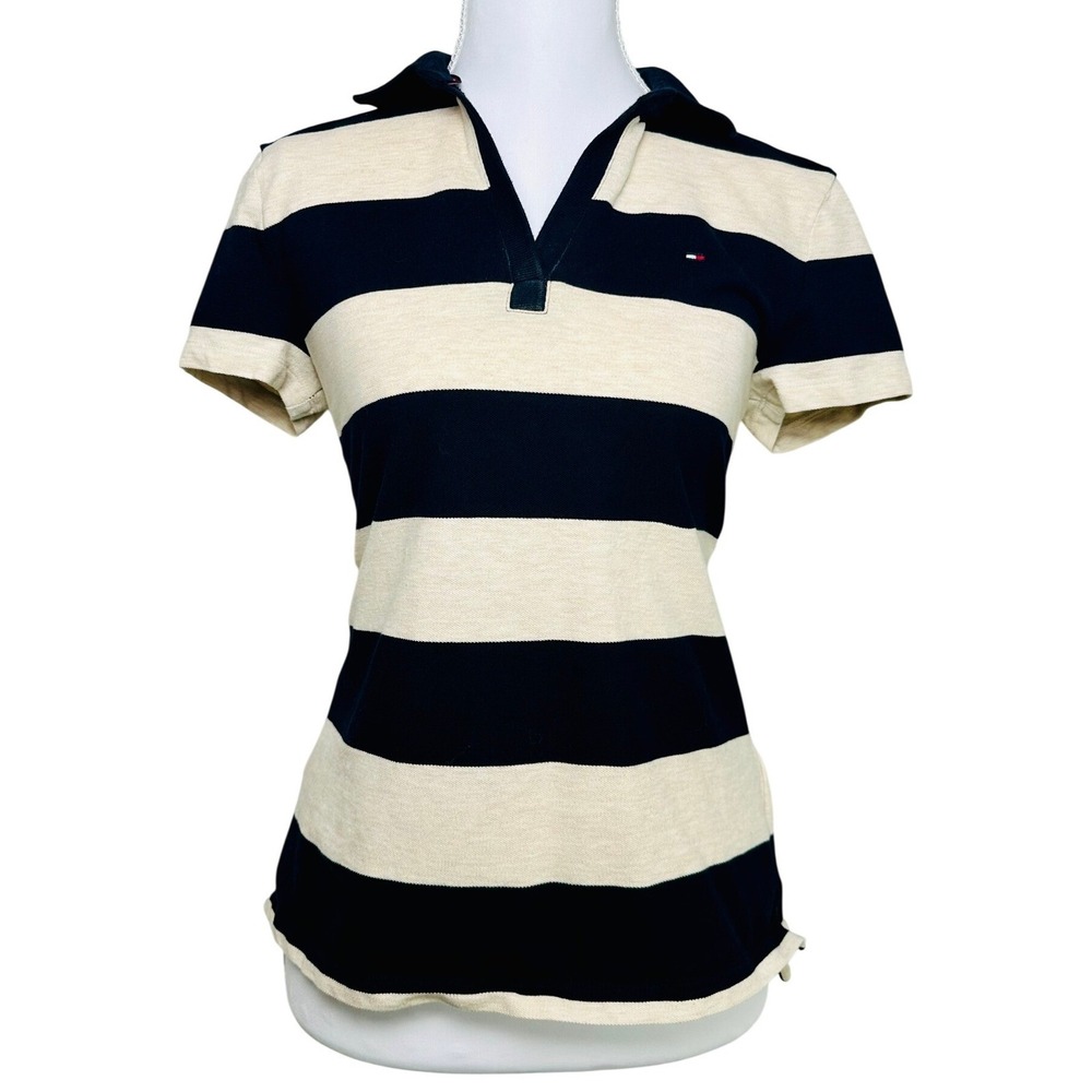 Tommy Hilfiger‎ Women's Striped Polo Shirt Navy Blue Cream V-Neck Short Sleeve S